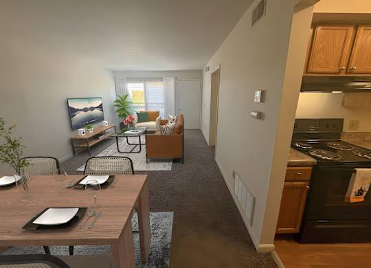 A modern kitchen with a dining table set for two.
