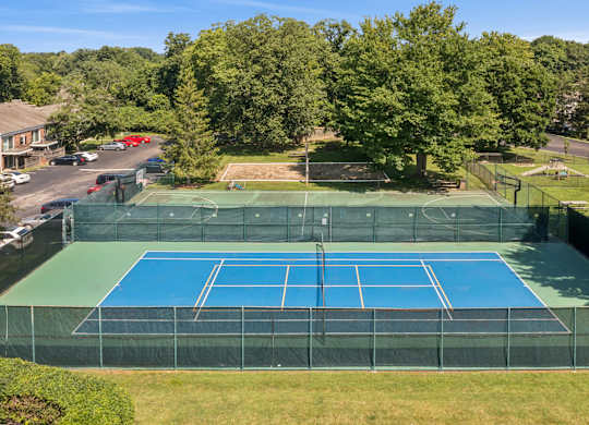 A tennis court surrounded by a fence and trees.