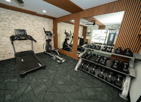 Gym with a treadmill and weights on the wall and a mirror at Honey Creek, Greenwood, IN, 46143