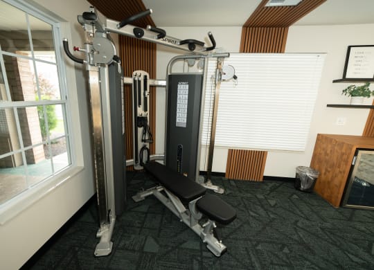 Gym with exercise equipment and a window at Honey Creek, Greenwood, IN