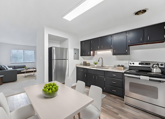 a kitchen and dining room with black cabinets and stainless steel appliances