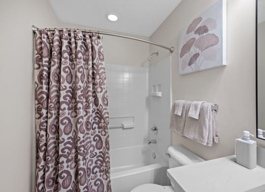 Bathroom with a shower curtain and a toilet and a sink at Four Bridges, OH, 45044-8380