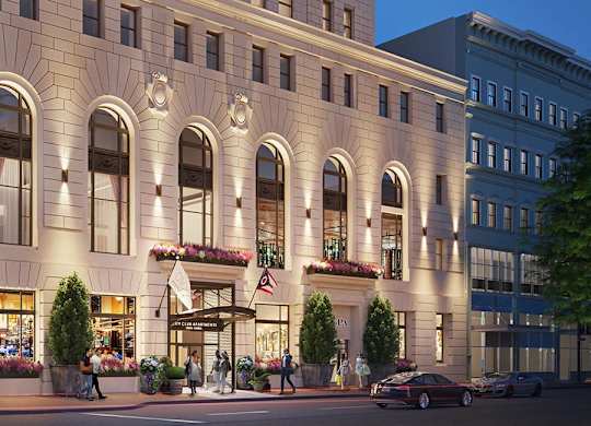A large, elegant building with many windows and balconies is shown at Sky Central Apartments, Cincinnati, Ohio
