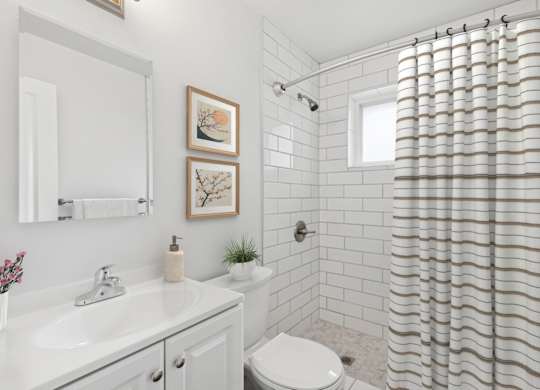 A white bathroom with a shower curtain and a toilet.
