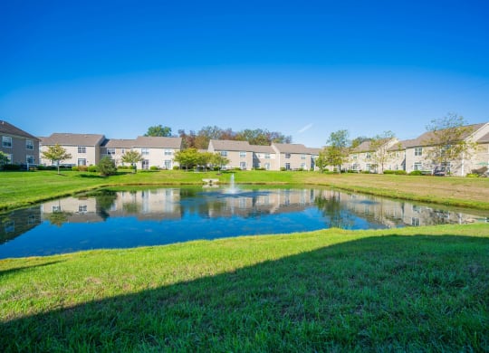 a pond in the middle of a green field with houses in the background at Grove City Summit Apartments, Ohio
