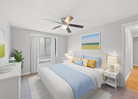 a bedroom with a bed and a ceiling fan at Huntley Ridge, Ohio, 45419