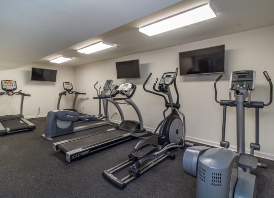 our gym is equipped with state of the art cardio equipment and free weights at Rivers Edge Apartments and Townhomes, Dayton, OH