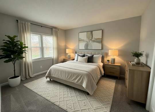 A well-lit bedroom with a large bed, nightstands, and a potted plant.