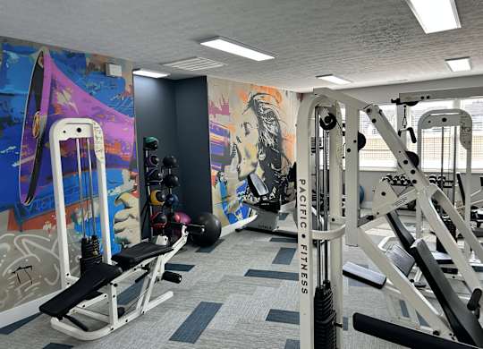 A gym with a variety of equipment including a leg press machine.