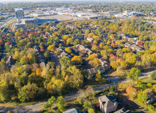 an aerial view of a city in the autumn