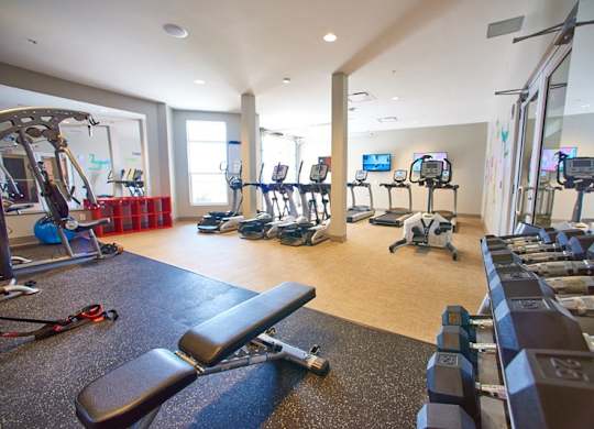 1 Bedroom Luxury Apartments in West Chester, OH - Liberty Center - A Fitness Center with Free Weights, Weight Benches, Treadmills, Various Other Exercise Machines, Large Wall-Mounted Mirrors, and Tall Windows