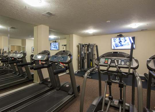 A gym with treadmills and exercise equipment.