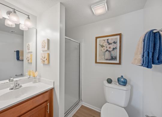 A bathroom with a toilet, sink, mirror, and a painting on the wall.