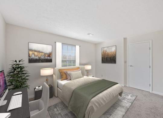 a bedroom with a bed and a desk at Normandy Club Apartments, Centerville