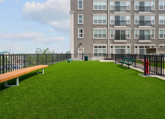 a large green lawn in front of an apartment building