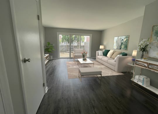 a living room with a couch and a table