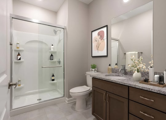 a bathroom with a shower and a toilet and a sink at Adelphi Quarter, Columbus, OH, 43203