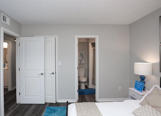 Bedroom with attached bath at Meridian Court South, Indiana
