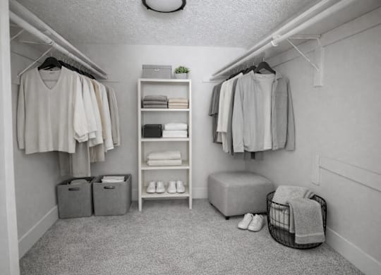 A black and white photo of a small, tidy closet.