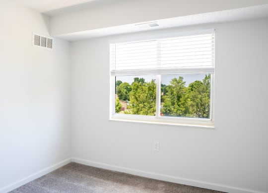 an empty room with a large window and a carpeted floor