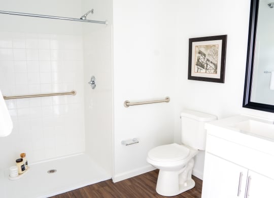 a bathroom with a toilet and a shower