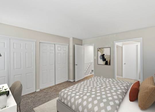 a bedroom with white closets and white doors and a bed at Merrick Place, Lexington, KY, 40502