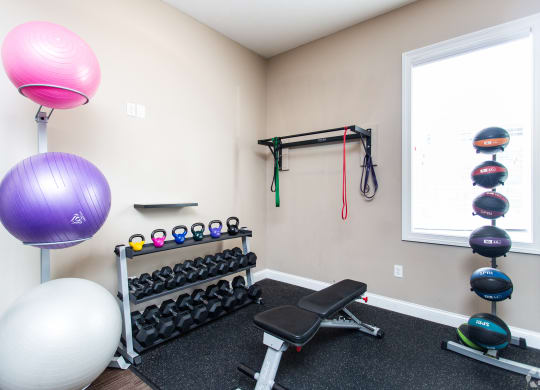 an exercise room with weights and balls and a window