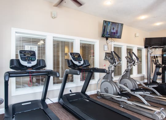 the gym has cardio machines and a flat screen tv