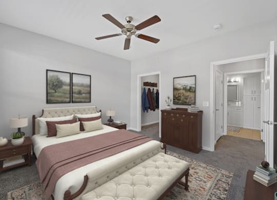 a bedroom with a bed and a ceiling fan at Monmouth Row Apartments, Newport, 41071