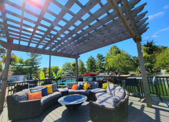 a pergola on a deck with couches and a table at Harpers Point Apartments, Cincinnati, 45249