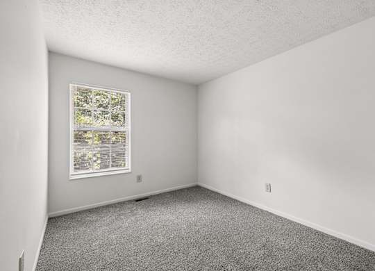 A room with a window and a carpeted floor.