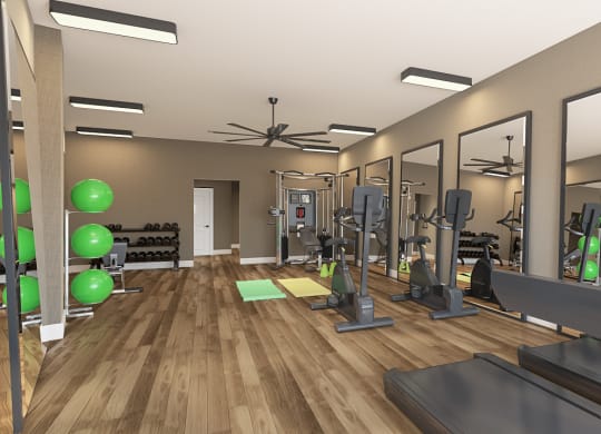 a 3d rendering of a gym with treadmills and other exercise equipment