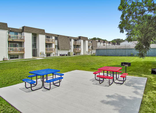 a picnic area with a blue picnic table and red picnic table on a concrete patio with a
