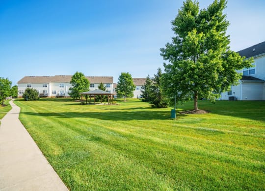 the view of a yard with houses in the background