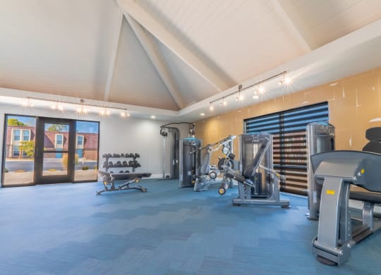 a gym with weights and cardio equipment on the floor and a glass door
