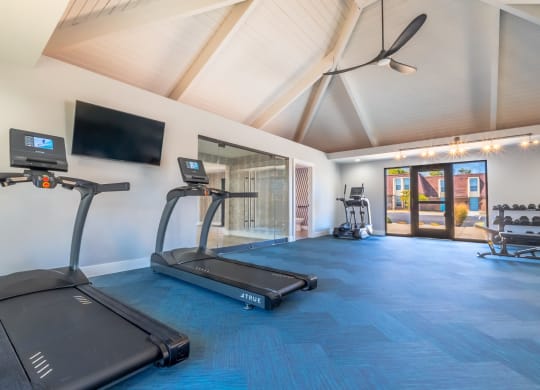 two treadmills and a tv in a gym with a glass door