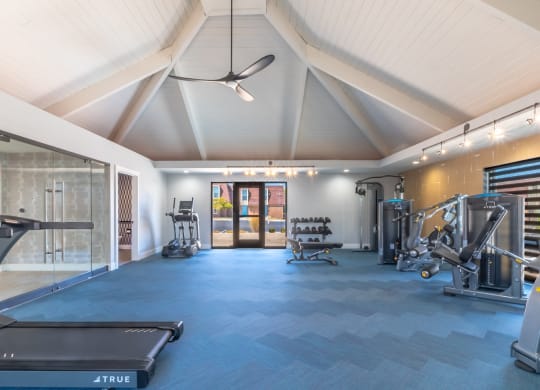 a gym with a lot of equipment and a glass door