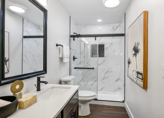 a bathroom with a toilet sink and shower with a glass door