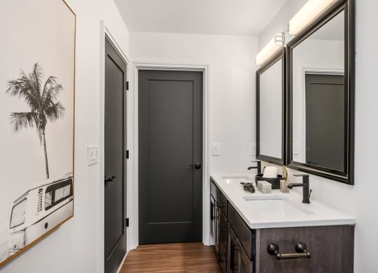 a bathroom with a sink and a mirror