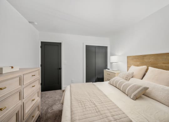 a bedroom with a bed and dresser