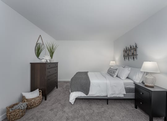 White interior bedroom with bed at SoDel, Kettering, OH, 45429
