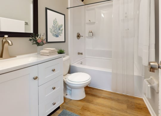 a bathroom with a shower and a toilet and a sink at Stonebrook of Franklin, Franklin
