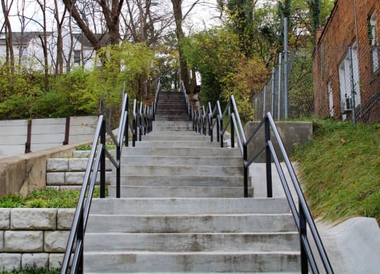a flight of stairs with a railing going down them