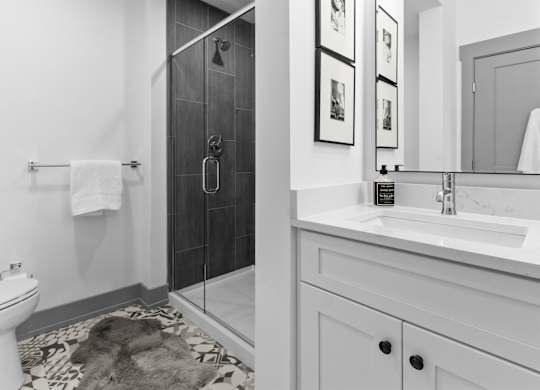 A bathroom with a white toilet, a white sink, a black and white rug, and a black shower stall. at The Ridge Apartments, Ohio