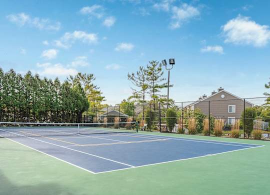 A tennis court surrounded by trees and a residential area.