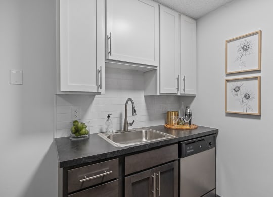Kitchen with white cabinets and a stainless steel sink  at Timber Glen Apartments, Batavia