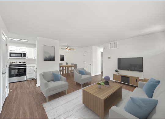 a rendering of a living room and kitchen in an apartment