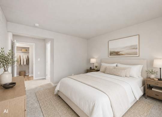 A bedroom with a large bed, a nightstand, and a plant on the dresser.