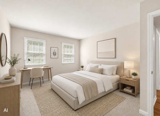 A bedroom with a bed, desk, and chair.