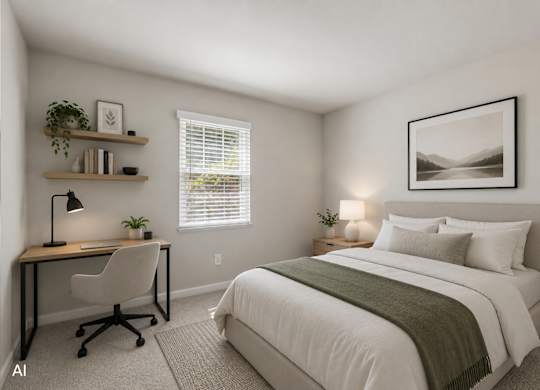 A bedroom with a bed, desk, and chair.